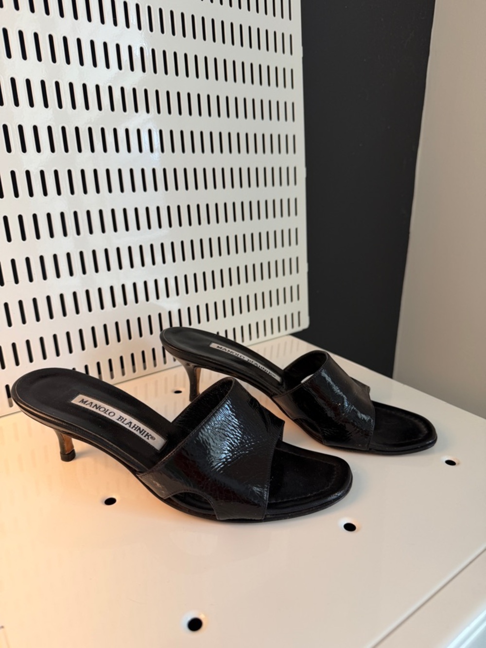 Manolo Blahnik Black Patent Leather Open-Toe Kitten Heel Slides